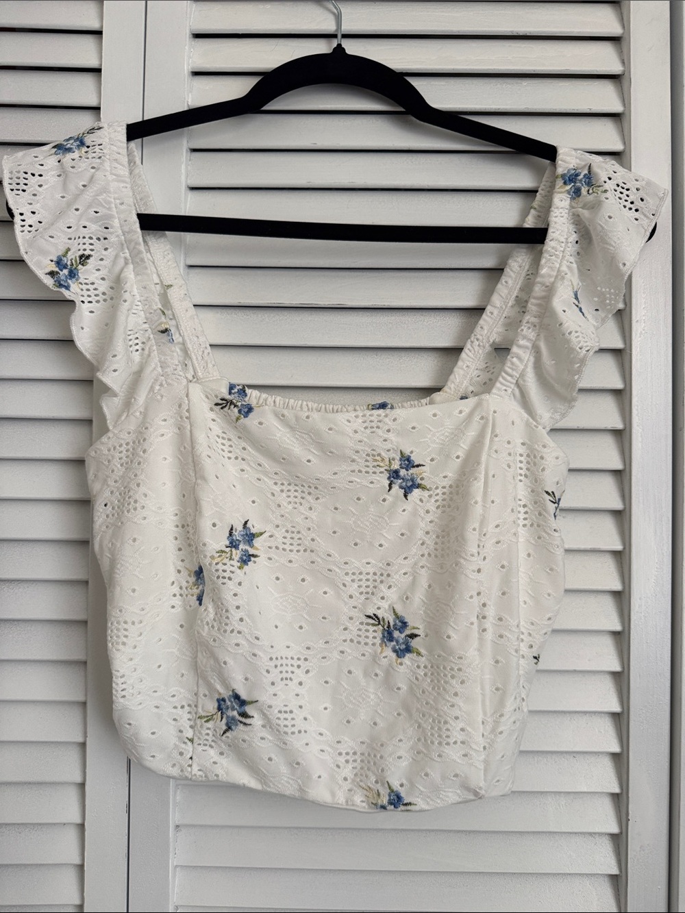 White Eyelet Crop Top with Blue Floral Embroidery